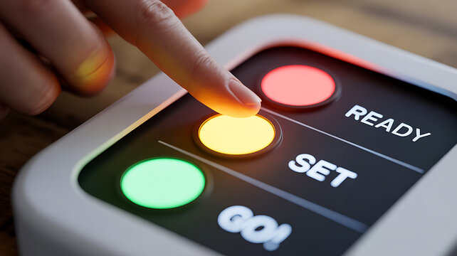 A finger pressing the yellow set button on a control panel with red ready and green go buttons on a wooden surface