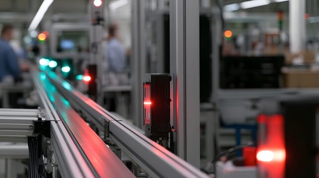 Modern factory automation line with red and green indicator lights showing ope nal status on a metallic conveyor system