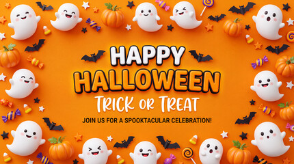 Fototapeta premium Halloween Trick or Treat Banner With Ghosts Pumpkins and Bats