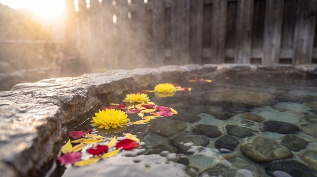 重陽の節句、菊の花びらを浮かべた露天風呂　生成AI