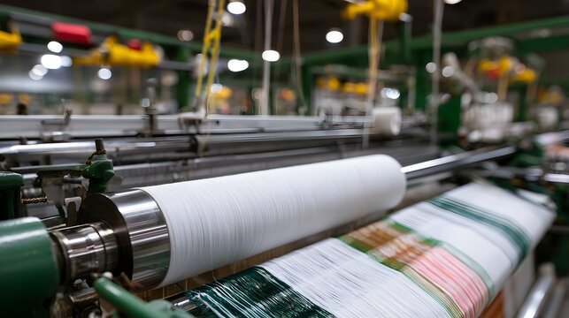 Close up of industrial textile weaving hine with white thread spool and colorful woven fabric in motion