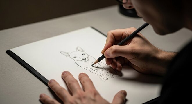 Artist's hand sketching a stylized animal portrait with a pencil on white paper in a creative workspace