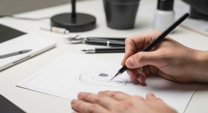 Close up of a tattoo artist's hands sketching a design with a pencil on paper in a bright studio