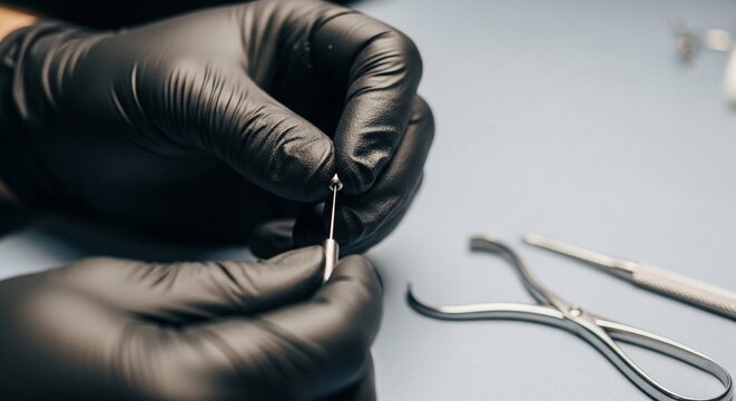Close up of gloved hands holding a sterile piercing needle and jewelry for body modification procedures.