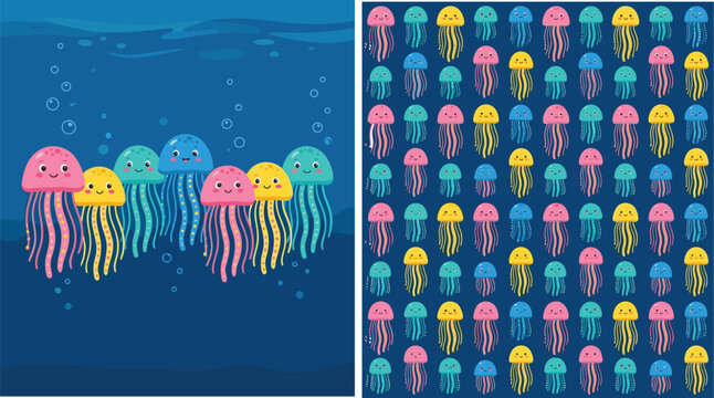 Jellyfish, cartoon, ocean, sea, underwater, marine, bubble, creature, colorful, cute, vector, artwork, design, pattern, illustration,