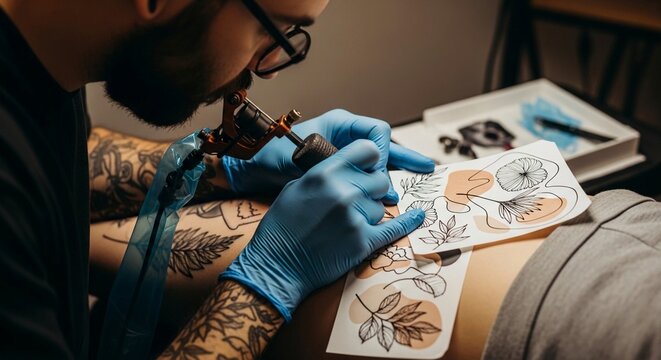 Close-up of a skilled tattoo artist in blue gloves meticulously creating a delicate botanical design on skin using a tattoo machine.