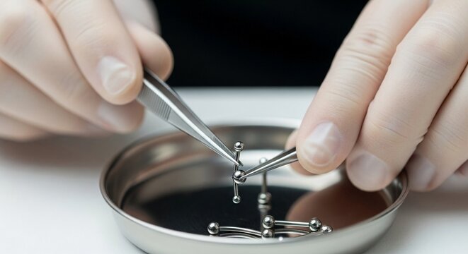 Close-up view of skilled hands using tweezers to assemble intricate metallic body piercing jewelry