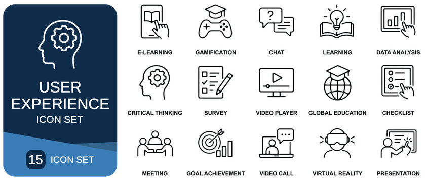User experience icon set featuring learning communication and data analysis concepts in flat design userinterface