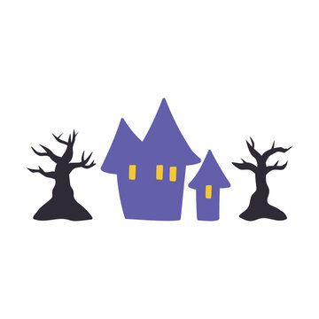 ハロウィン不気味な家と木のイラスト