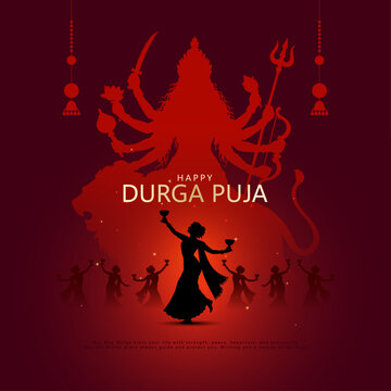 Indian Goddess Maa Druga in Happy Durga Puja with dhunuchi lady. Subh Navratri red background. Creative vector illustration design