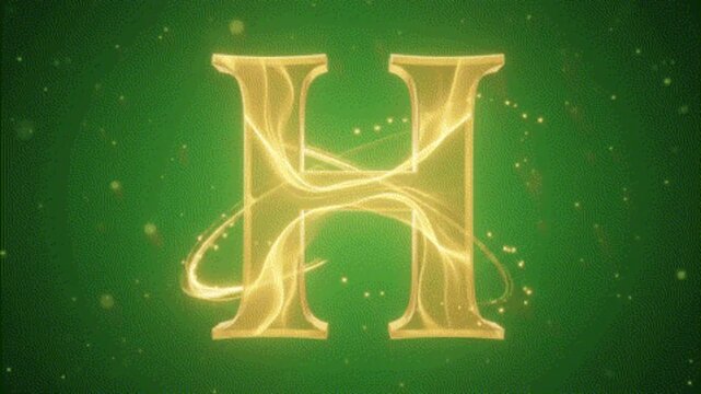 Glowing golden letter H with shimmering light particles on green background
