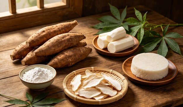 Fresh cassava, tapioca flour, dried cassava chips, and traditional cassava cake arranged in a rustic food display.