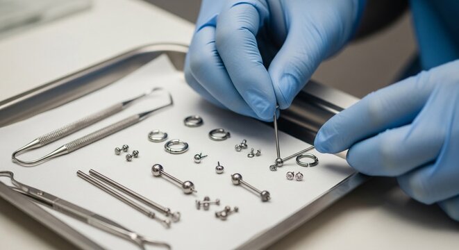 Professional piercer in blue gloves carefully selects shiny jewelry from sterile tray with tools