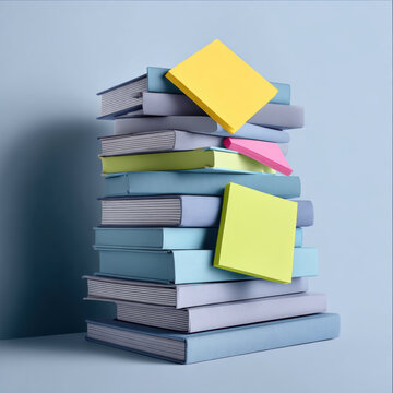 Stack of hardcover book with colorful sticky note pastel blue background education study organization creative knowledge vertical