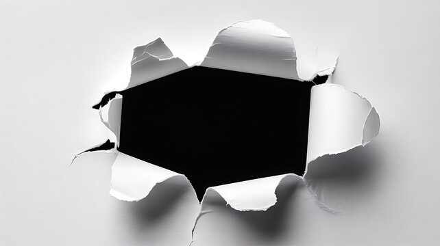 A jagged hole torn through the center of a white paper sheet revealing a solid black background, behind the ripped edges
