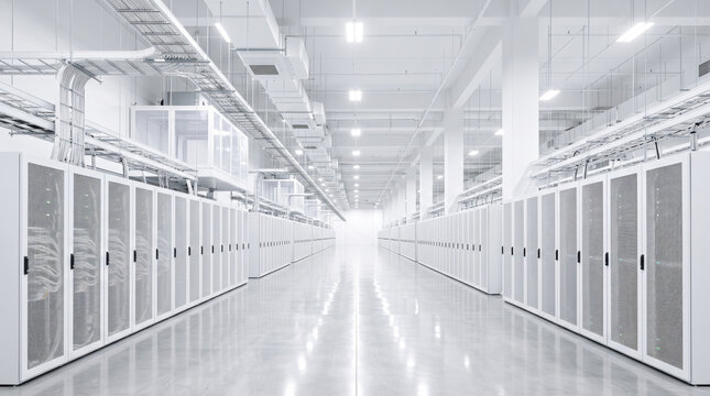 large-scale hyperscale data center with spacious rows of white server cabinets, extremely clean bright interior, premium enterprise technology advertising image