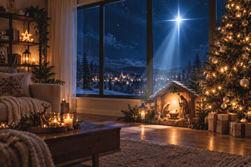 Obraz premium Christian Christmas interior with nativity scene, illuminated Christmas tree and bright Star of Bethlehem shining through the window, symbolizing the birth of Jesus Christ.