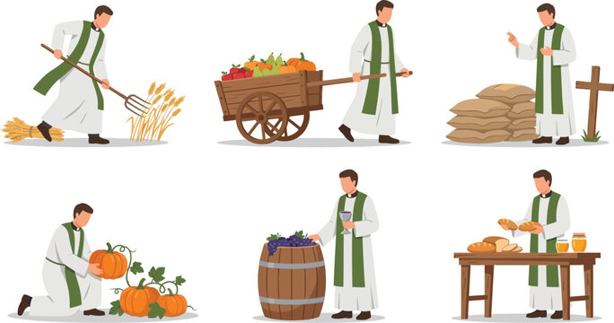 Christian priest harvesting crops, gathering pumpkins, wine barrel, and bread vector illustration set