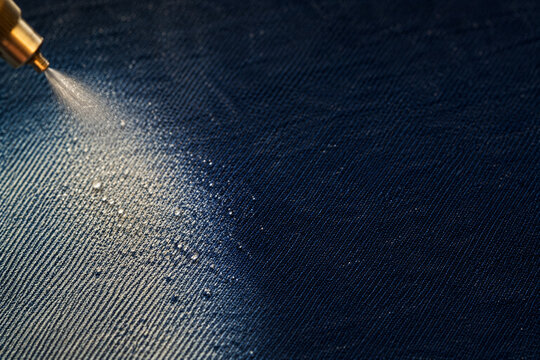 PP spray application on dark denim fabric, potassium permanganate spraying technique for vintage distressed wash effect, garment finishing macro shot