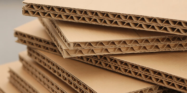 A stack of brown corrugated cardboard sheets showing the wavy internal structure and layered texture of the
