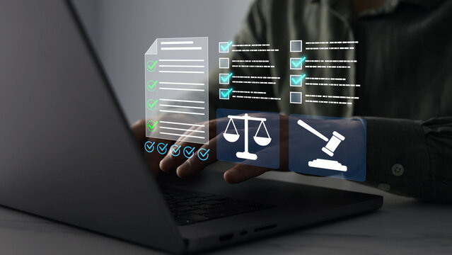 Modern governance, legal standards, policy management ensuring transparency, safety, structured organizational control.Compliance law,corporate rules concept with documents, checkmarks, regulation	
