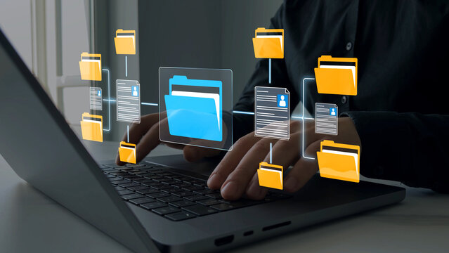 Employee document archive concept featuring secure file storage, personnel records, digital databases and organized office documentation systems.	
