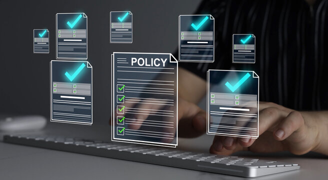 Modern governance, legal standards, policy management ensuring transparency, safety, structured organizational control.Compliance law,corporate rules concept with documents, checkmarks, regulation	
