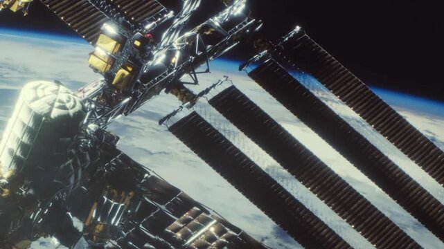 A space station floats in low Earth orbit. The structure shows various modules and solar panels. The backdrop is Earth covered in clouds and oceans, with a hint of sunset.