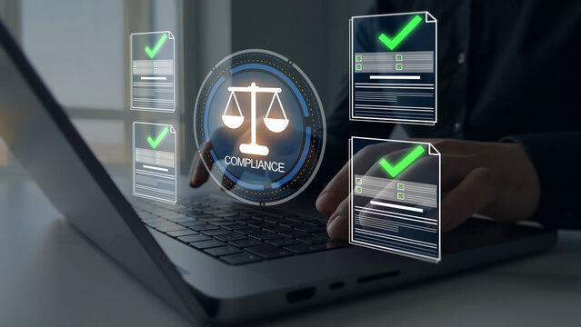 Modern governance, legal standards, policy management ensuring transparency, safety, structured organizational control.Compliance law,corporate rules concept with documents, checkmarks, regulation	
