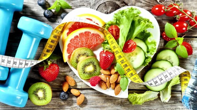 Healthy Food Heart Shaped Plate with Dumbbells and Tape Measure for Fitness Diet Concept