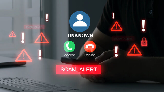 Scam call alert concept showing a suspicious incoming call on smartphone.Unknown Caller fraud risk and warning message highlight phishing, identity theft and the need for caution and digital security.