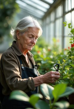 Old woman tending plants in a greenhouse.
