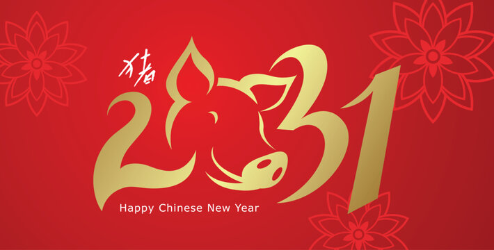 New Year 2031 gold and red card with pig head. Year of the Pig horizontal greeting card template. Chinese text translation: "Pig".