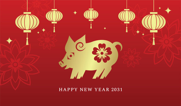 Year of the pig background with hanging lanterns. Lunar New year 2031 greetings card template paper cutting design. Gold zodiac pig on red background.