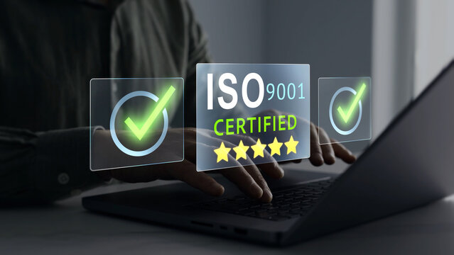 ISO certification approval with check mark, quality control document and compliance management. International standards verification, business auditing, governance and operational excellence.	

