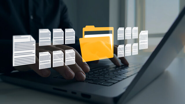 Digital document management system with organized files, secure storage and workflow automation. Business data organization, cloud archive, enterprise records and office productivity concept.	
