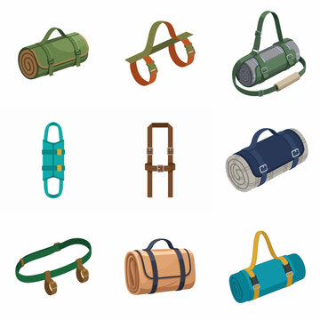 Vector Illustration Set of Rolled Camping Mats and Adjustable Carrying Harnesses for Outdoor Adventure and Fitness