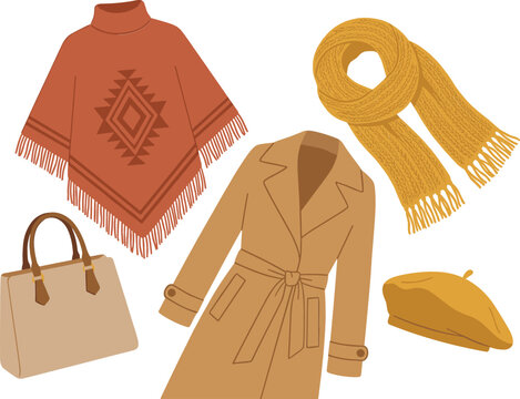 Elegant women autumn winter outerwear fashion collection with warm trench coat poncho fringe scarf handbag and beret hat vector