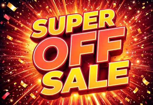 Vibrant super sale announcement graphic with bold text and festive confetti explosion design