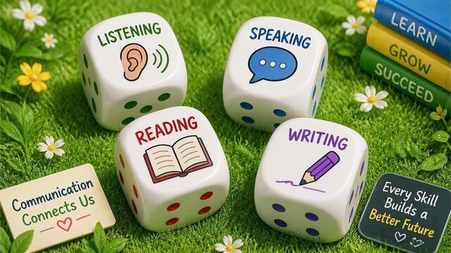 Language learning concept banner featuring four large white dice on a lush green grass background representing the core skills of listening, speaking, reading, and writing, ideal for school promotions