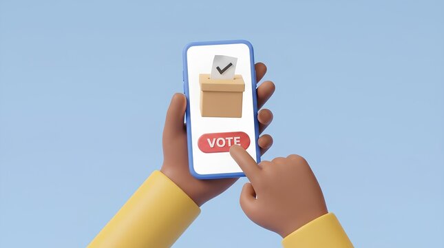 3D render of hand holding smartphone with online voting app interface.