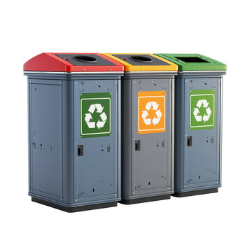 Rubbish bin with color coded compartments for recycling and waste sorting in a public area during daylight hours