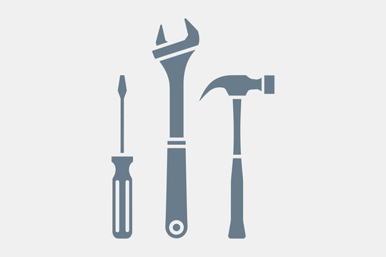 Vector of adjustable spanner wrench screwdriver and claw hammer repair tools set, labor day worker service construction hardware icon simple graphic symbol art illustration