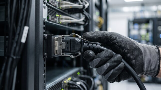 IT Technician in Gloves Plugging Power Cable into Server Rack in Modern Data Center Room for Hardware Maintenance, Cloud Computing Hosting Infrastructure and Reliable Network System Operations