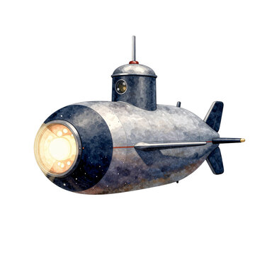 Cartoon submarine with illuminated front light and fins on a white background