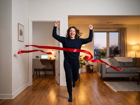 Happy woman running through red finish line ribbon at home