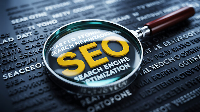 Magnifying glass focused on the word seo with search engine optimization text on a dark background, with blurred words