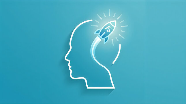 Creative human head silhouette with rocket idea coming out of it on blue background illustration