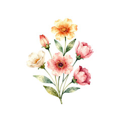 Obraz premium Watercolor floral arrangement with pink, white, and orange flowers and green leaves
