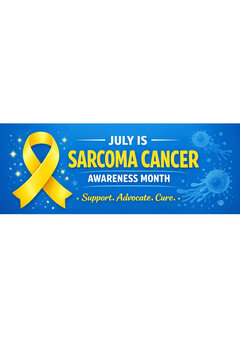 Sarcoma Awareness Month banner featuring a yellow ribbon. Celebrate and support awareness for sarcoma cancer.
